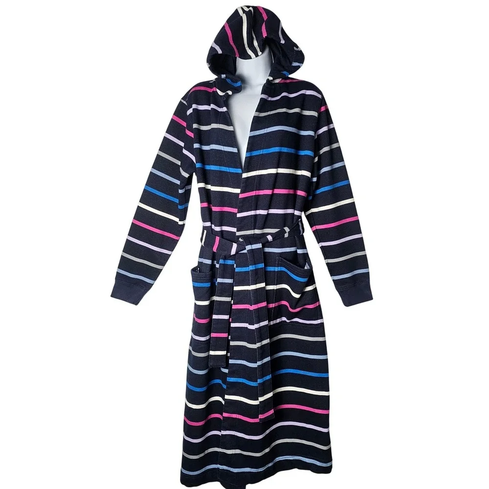 Lands End Serious Sweats Hooded Robe Womens L 14/16 Navy Striped Bathrobe Fleece